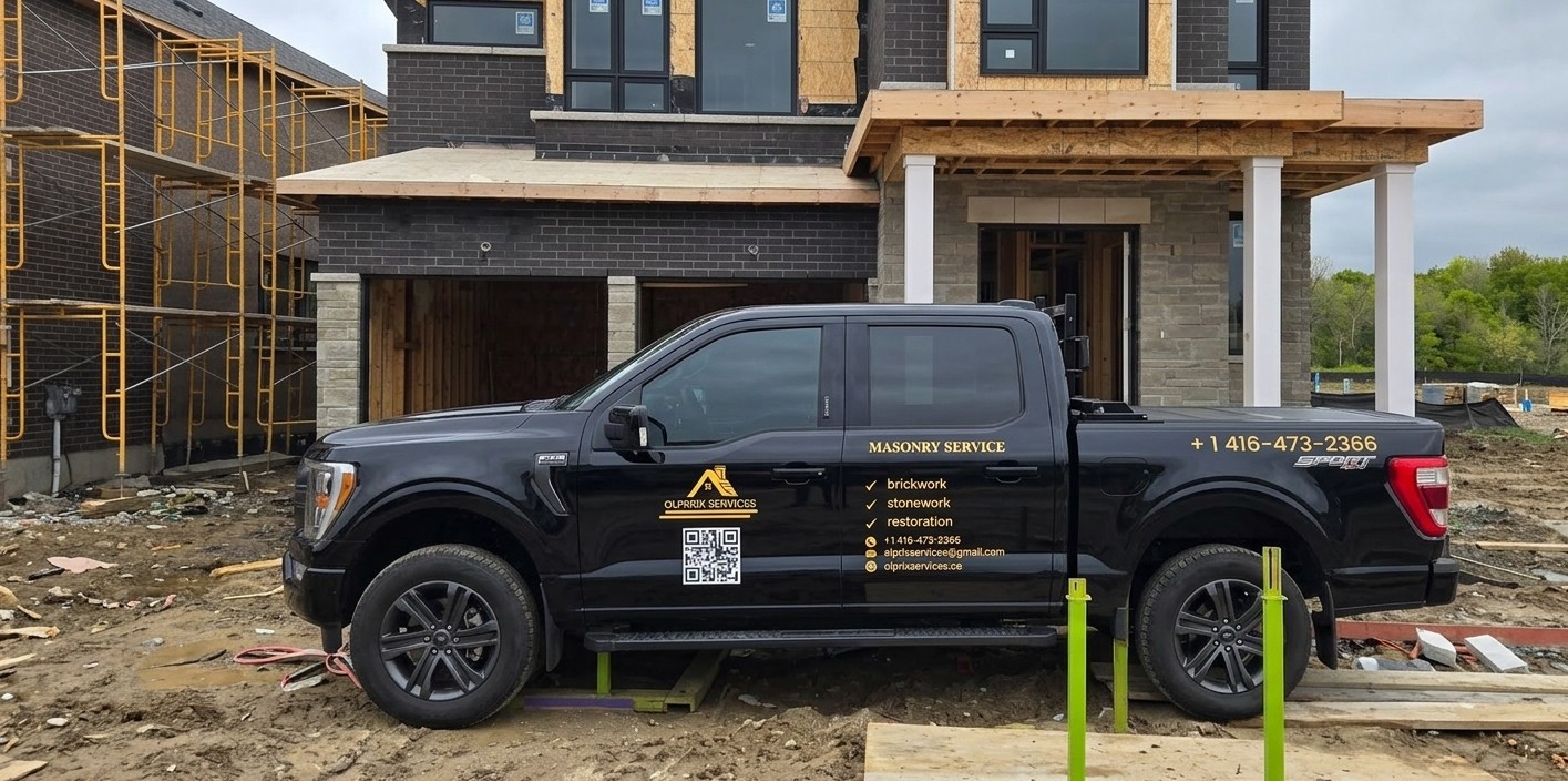 Olprrix Services masonry service truck at a residential brick project in Toronto and GTA