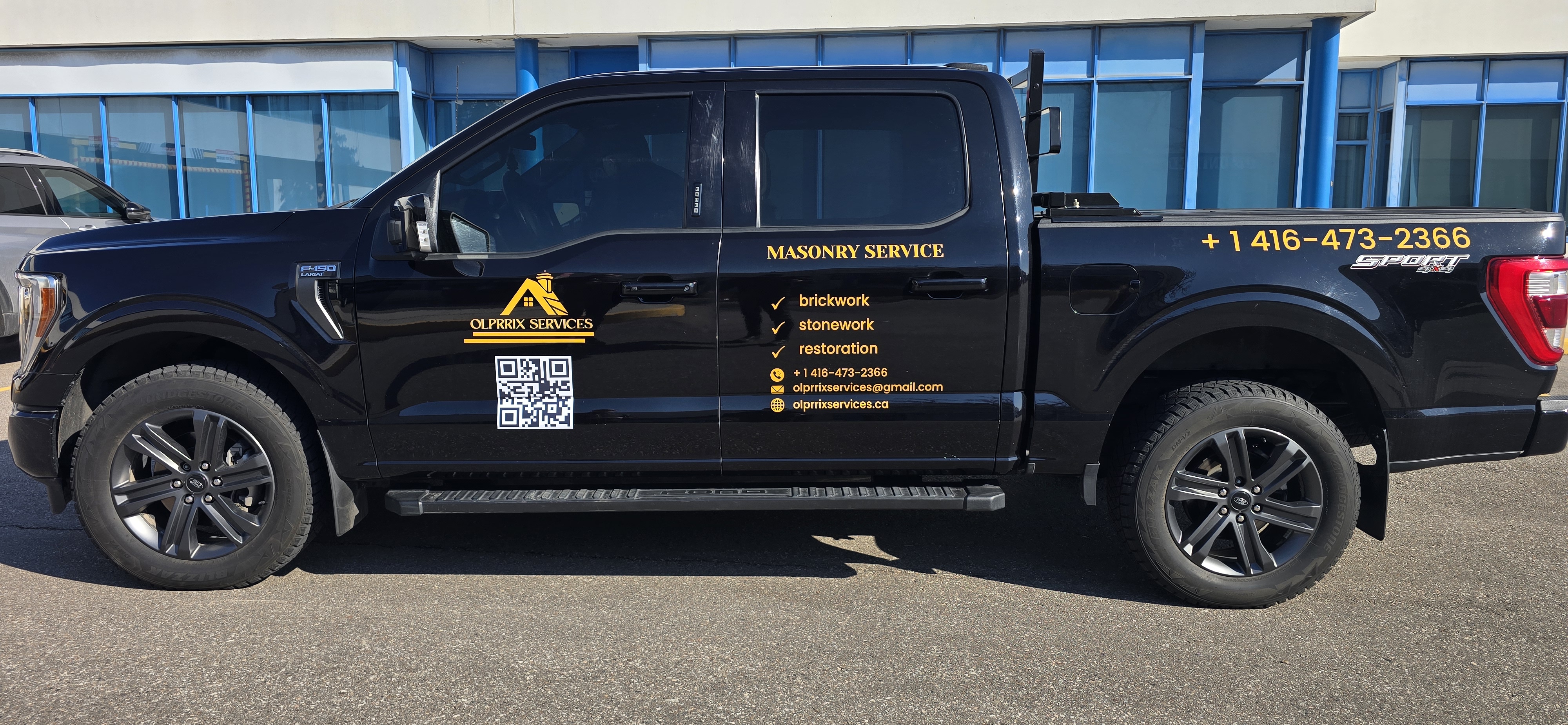 Olprrix Services masonry service truck at a commercial brickwork site in Toronto and GTA