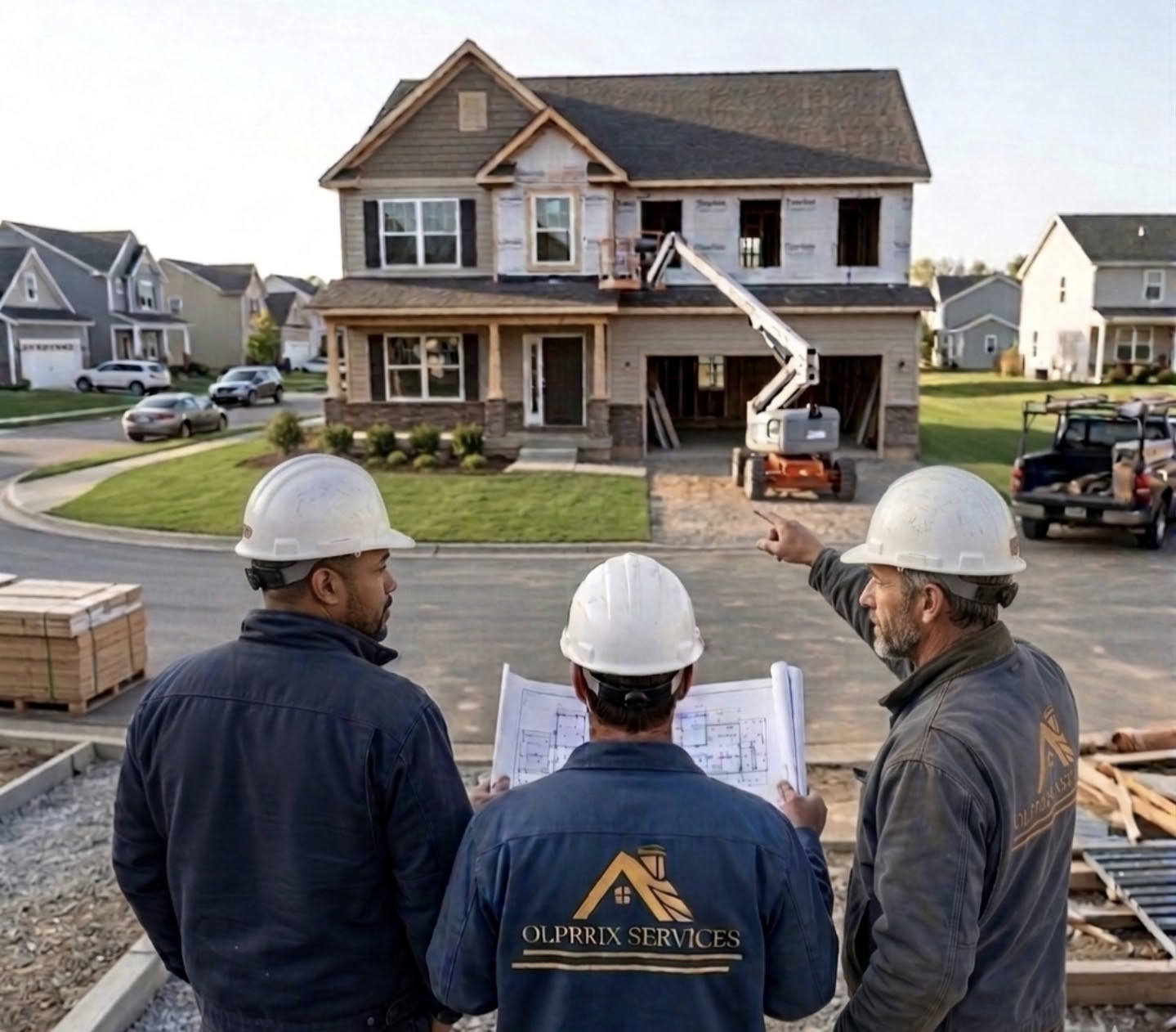 Olprrix Services masonry team reviewing project plans on a new home build in Toronto and GTA
